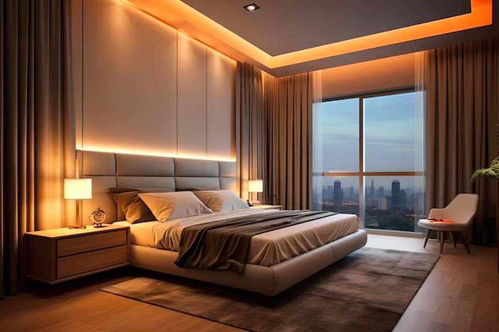 Dim lighting in bedroom to enhance the modern bedside lighting