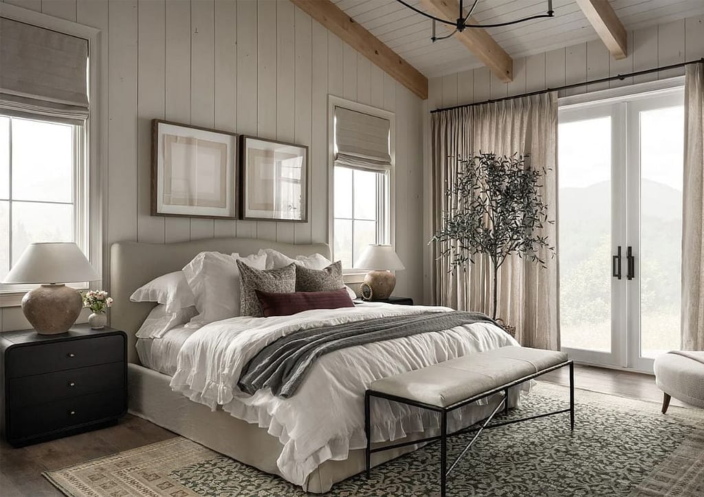 Farmhouse themed bedroom with tons of natural light and windows