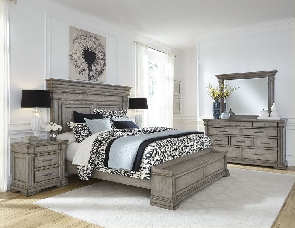A bedroom with many different types of bedroom furniture as a complete set