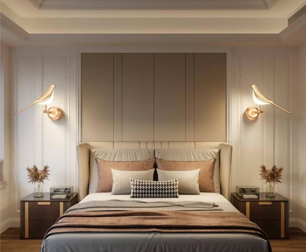 2 bird wall sconces on wall on each side of the bed