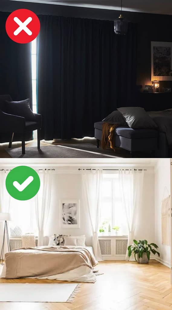 Infographic comparing black curtains to sheer curtains, showing the difference in natural light in the bedroom
