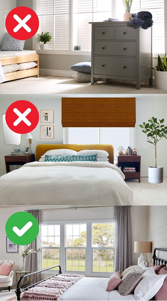 Two bedroom examples showing that blocking windows with furniture is bad and one bedroom example showing to leave windows unblocked