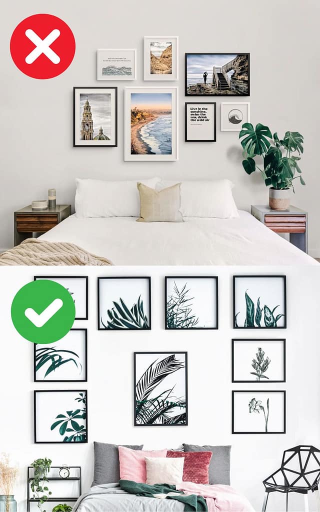 Infographic comparing the wrong and the correct amount of spacing between frames in a bedroom gallery wall