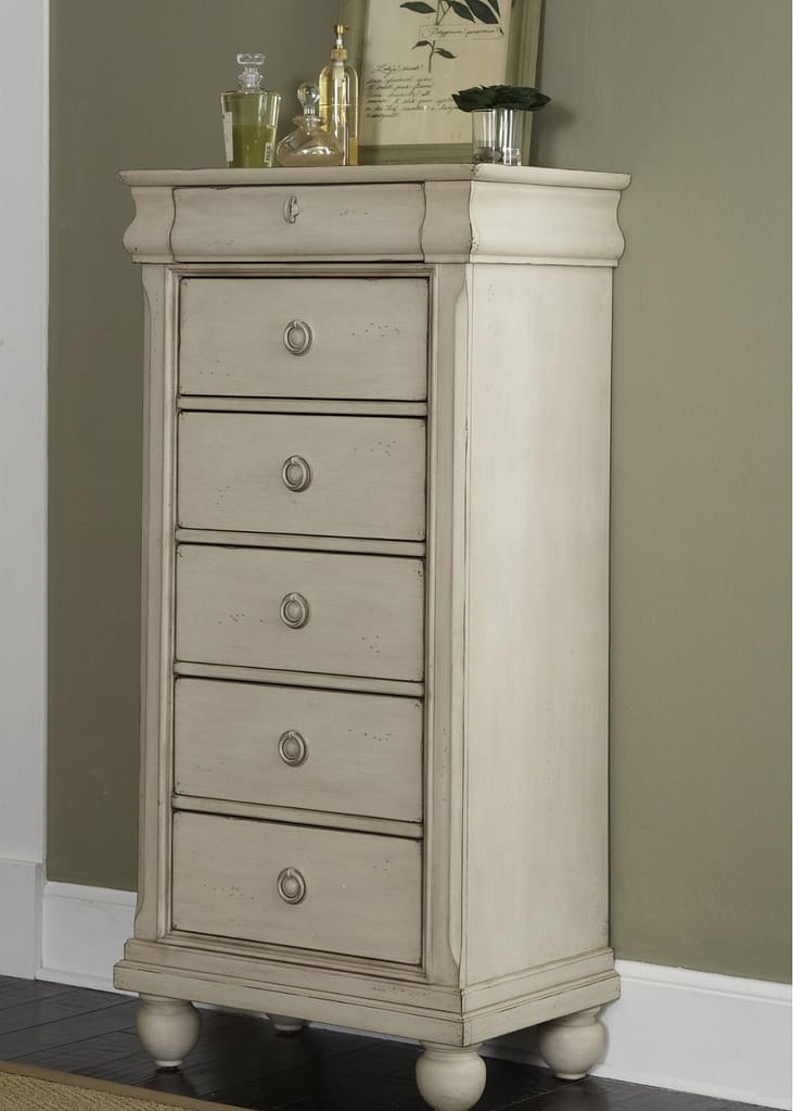 White wooden lingerie chest with a traditional bedroom furniture design 