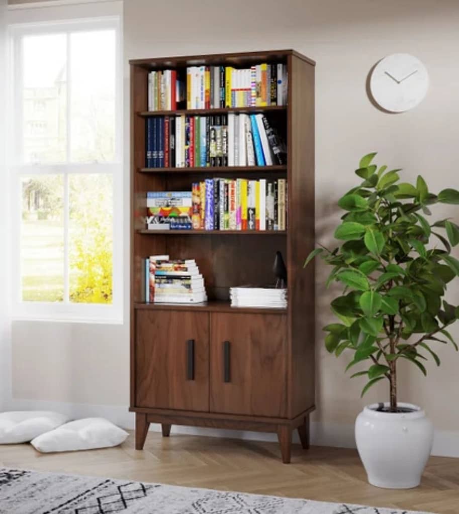 Tall brown bookcase with 4 wide shelves and 2 cabinets