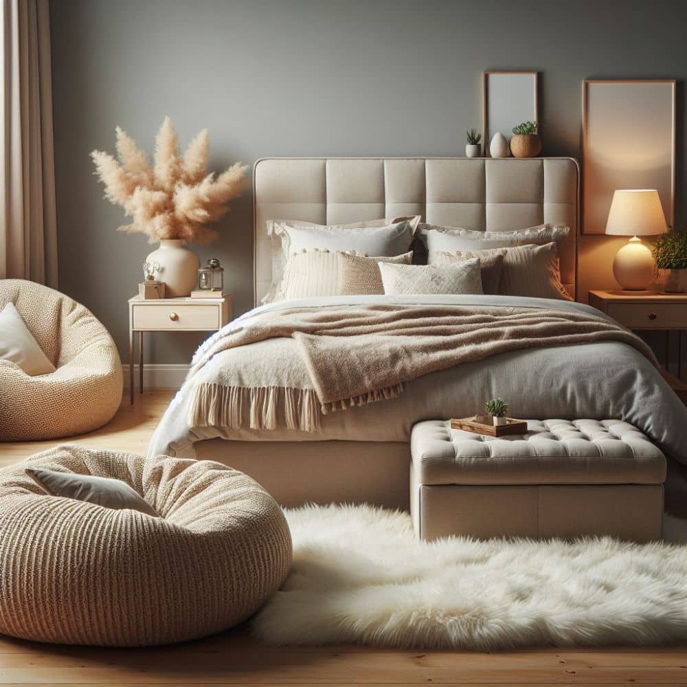 How to choose bedroom furniture for a cozy look with a bean bag, ottoman, plush bed, and fluffy carpet