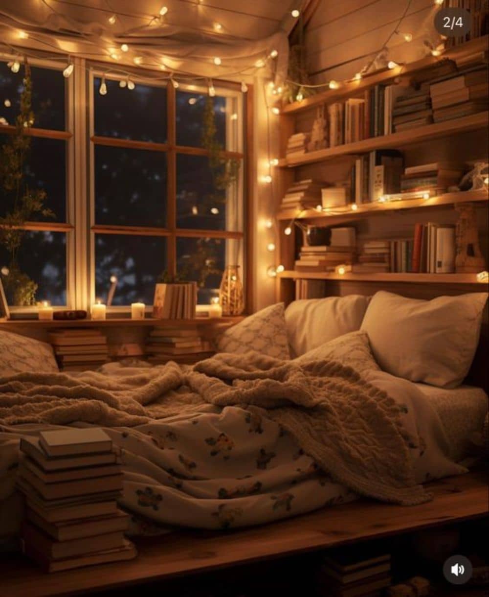 Cozy bedroom nook idea with dim lighting and a bookshelf