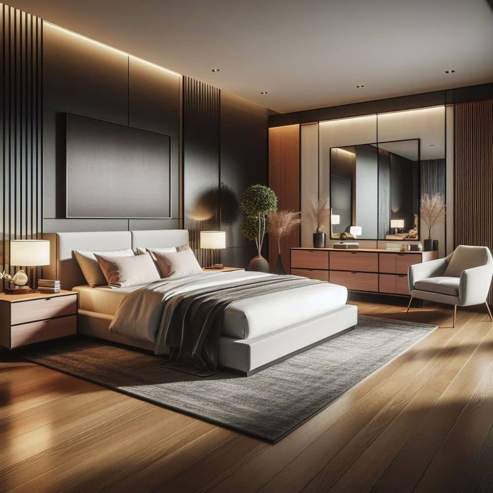 Modern bedroom furniture and design with floating nightstands, low platform bed, double dresser, and an accent chair