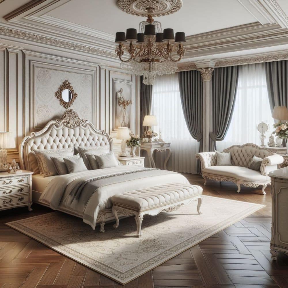 A white traditional and elegant bedroom design with a fancy bed frame, chandelier, bench, sofa, and nightstands