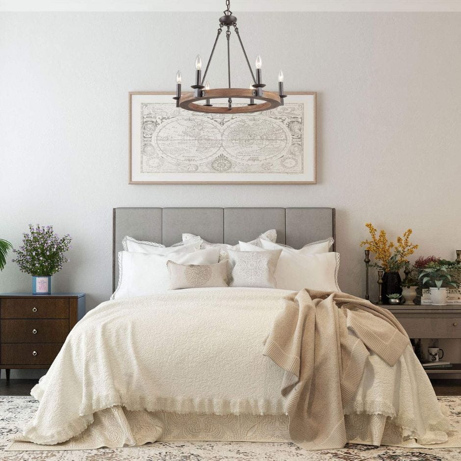 Rustic chandelier hanging from the middle of a bedroom for traditional lighting