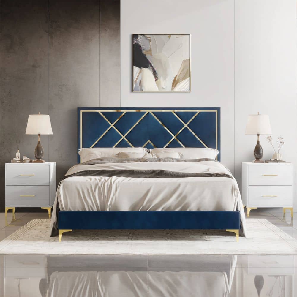 White and gray bedroom with 2 white traditional nightstands on both sides of the bed