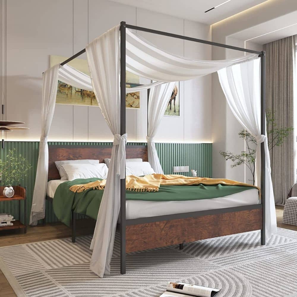 Simple canopy bed with white curtains as one of the best types of bedroom furniture