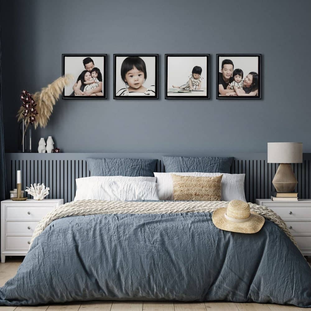 How to create a bedroom gallery wall with family photos in a gray bedroom