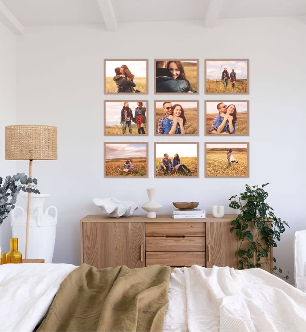 How to create a grid bedroom gallery wall above cabinets in a bedroom