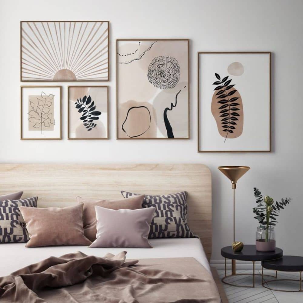 How to create a bedroom gallery wall with a minimalistic approach and a beige bedroom interior