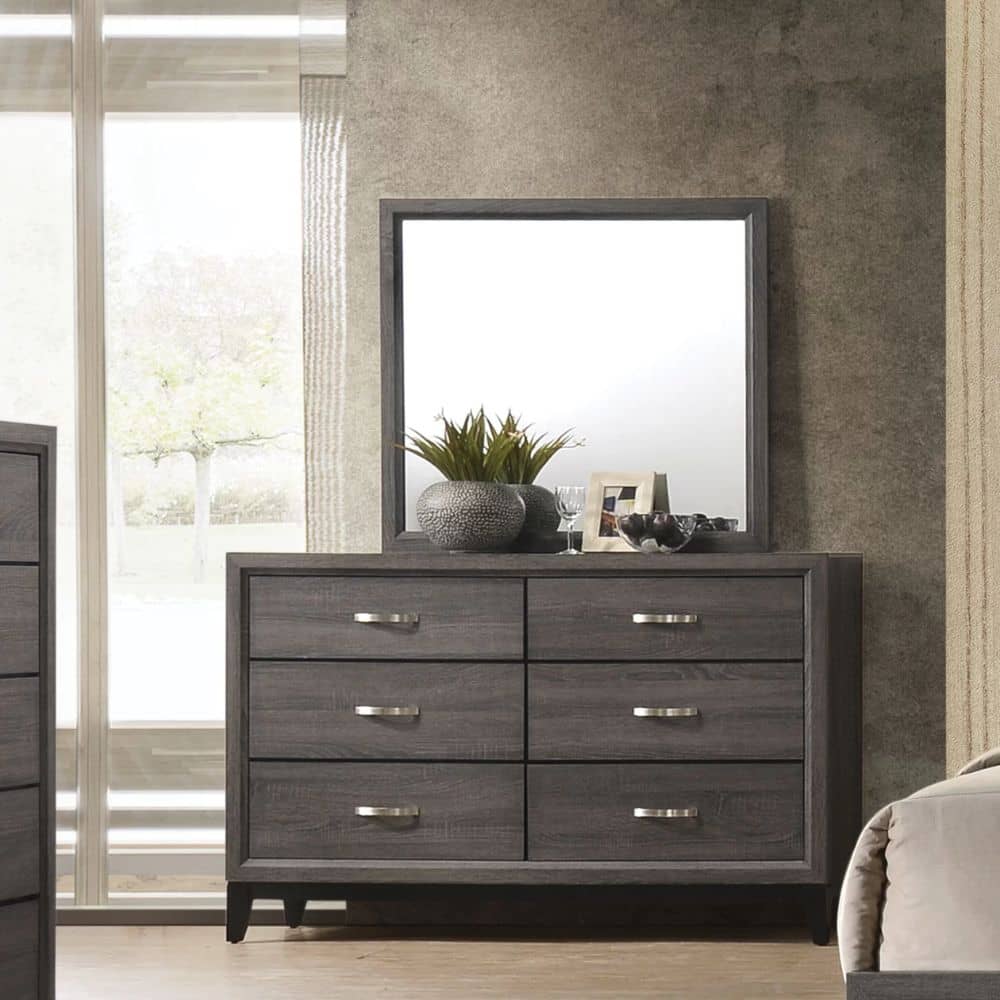 Dark gray double dresser with a rectangular mirror giving the bedroom a modern look