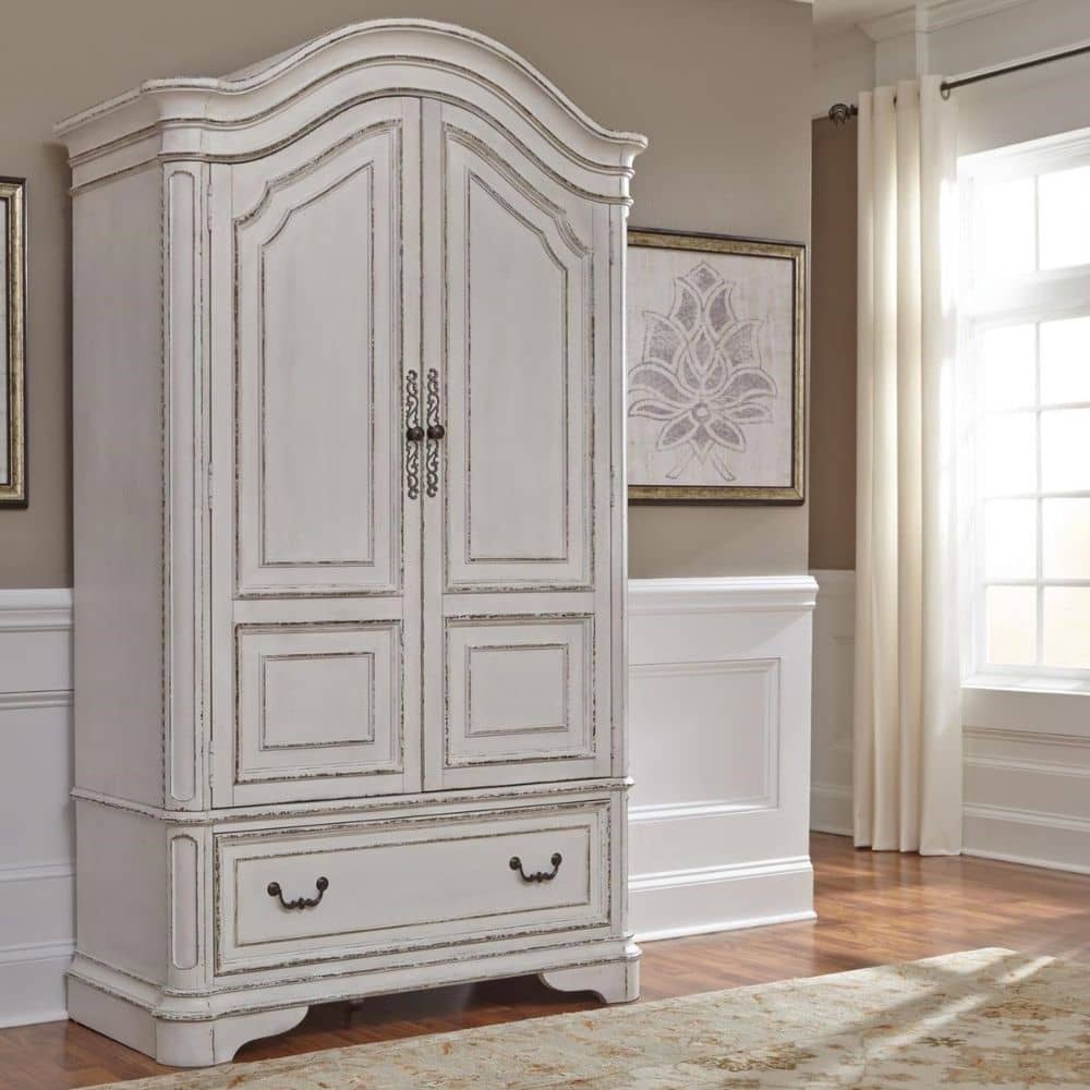 White wooden armoire with a unique design and a curved top